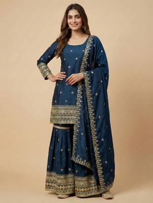 Teal designer chinon sequins embroidered work readymade suit 2