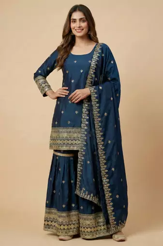 Teal designer chinon sequins embroidered work readymade suit
