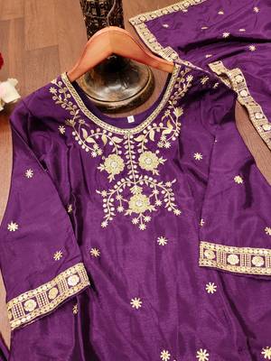 Purple designer chinon sequins embroidered work readymade suit 4