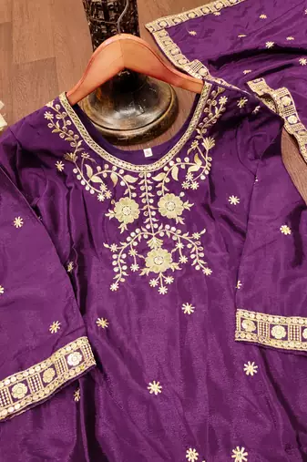 Purple designer chinon sequins embroidered work readymade suit