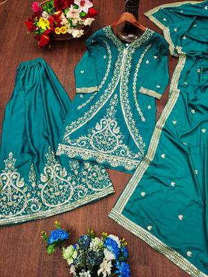 Teal blue designer natural crepe sequins embroidered work readymade suit 3