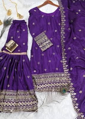 Purple designer chinon sequins embroidered work readymade suit 3