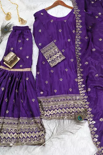 Purple designer chinon sequins embroidered work readymade suit