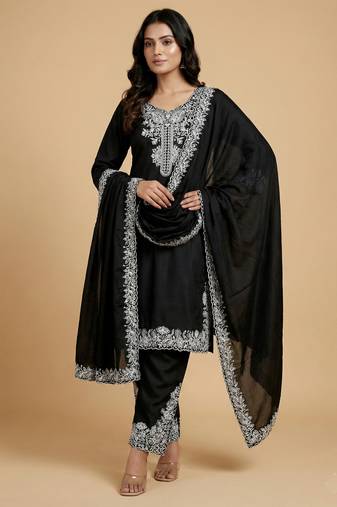 Black designer natural crepe sequins embroidered work readymade suit