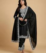 Black designer natural crepe sequins embroidered work readymade suit
