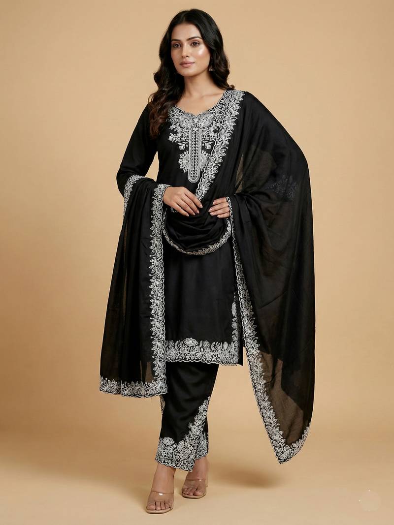 Black designer natural crepe sequins embroidered work readymade suit