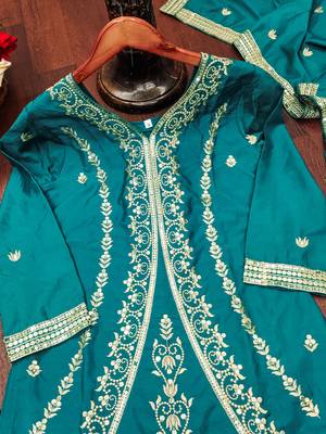Teal blue designer natural crepe sequins embroidered work readymade suit 4