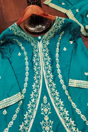 Teal blue designer natural crepe sequins embroidered work readymade suit