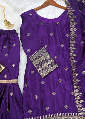 Purple designer chinon sequins embroidered work readymade suit 4