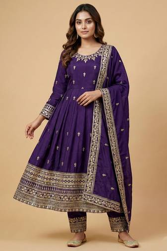 Purple designer chinon sequins embroidered work readymade suit