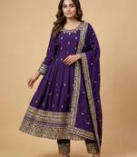 Purple designer chinon sequins embroidered work readymade suit
