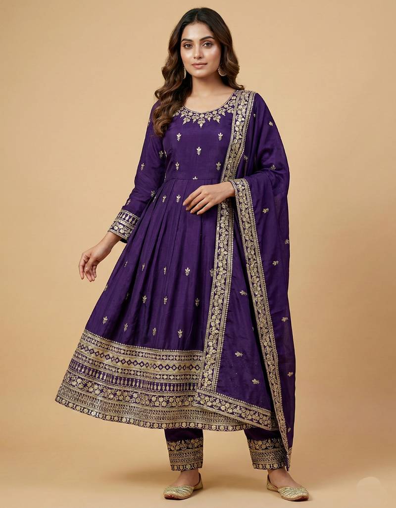 Purple designer chinon sequins embroidered work readymade suit