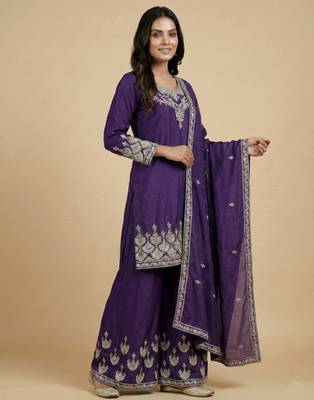 Purple designer chinon sequins embroidered work readymade suit 2
