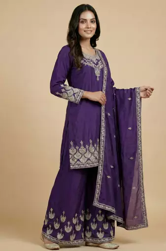 Purple designer chinon sequins embroidered work readymade suit