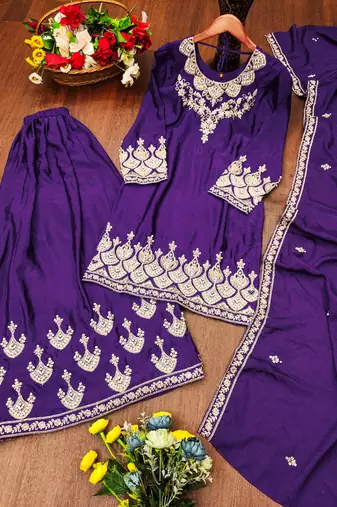 Purple designer chinon sequins embroidered work readymade suit