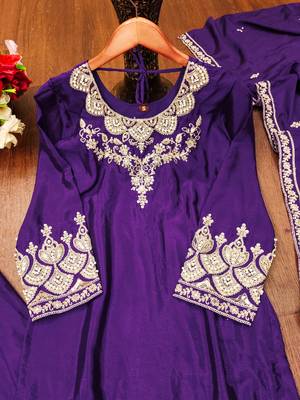 Purple designer chinon sequins embroidered work readymade suit 4