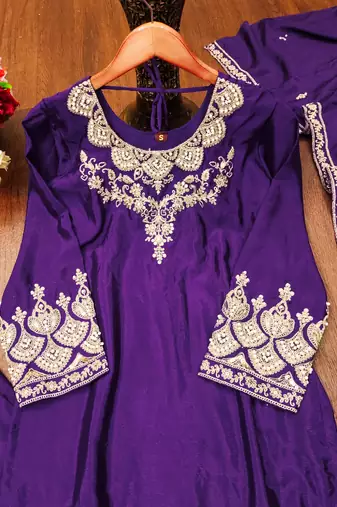 Purple designer chinon sequins embroidered work readymade suit