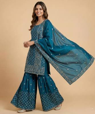 Teal blue designer chinon sequins embroidered work readymade suit 2