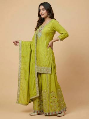 Parrot green designer chinon sequins embroidered work readymade suit 2
