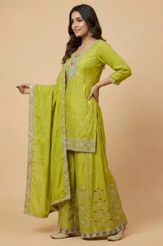 Parrot green designer chinon sequins embroidered work readymade suit