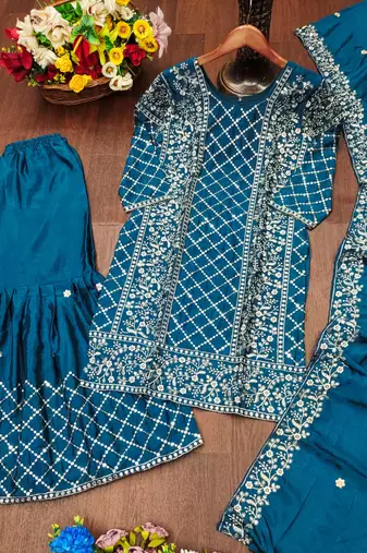 Teal blue designer chinon sequins embroidered work readymade suit