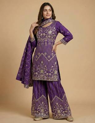 Purple designer chinon silk sequins embroidered work readymade suit 2