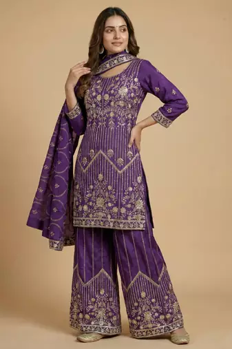 Purple designer chinon silk sequins embroidered work readymade suit