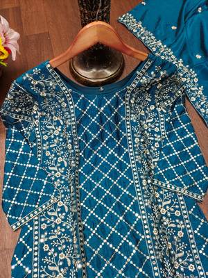 Teal blue designer chinon sequins embroidered work readymade suit 4