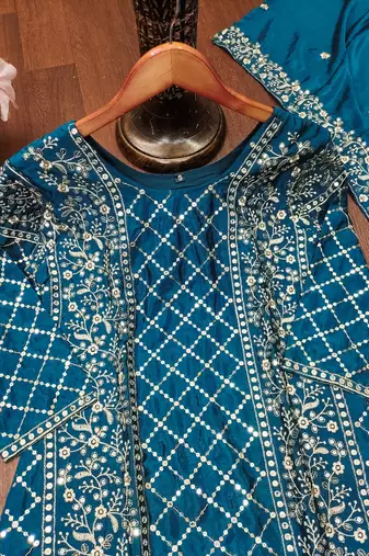 Teal blue designer chinon sequins embroidered work readymade suit