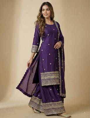 Purple designer chinon sequins embroidered work readymade suit 2