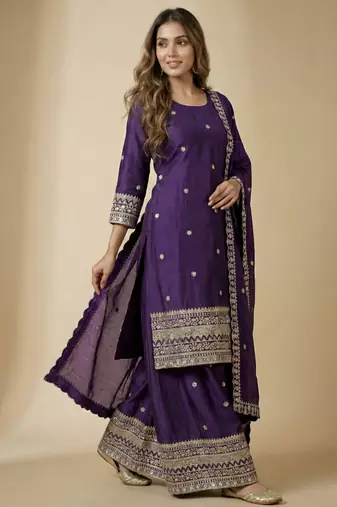 Purple designer chinon sequins embroidered work readymade suit