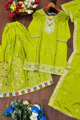 Parrot green designer chinon sequins embroidered work readymade suit