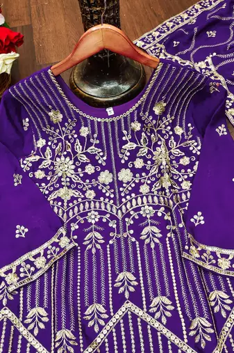 Purple designer chinon silk sequins embroidered work readymade suit