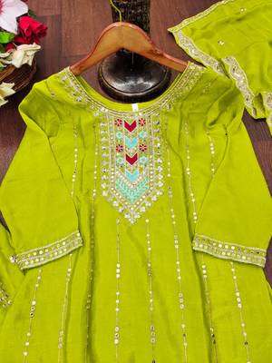 Parrot green designer chinon sequins embroidered work readymade suit 4