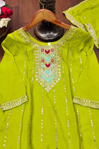 Parrot green designer chinon sequins embroidered work readymade suit