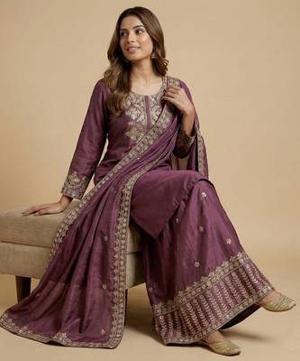 Mauve designer chinon sequins embroidered work readymade suit 2