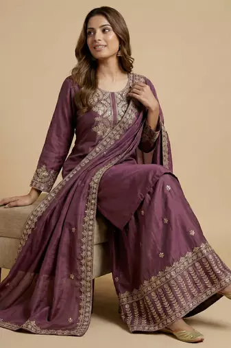 Mauve designer chinon sequins embroidered work readymade suit