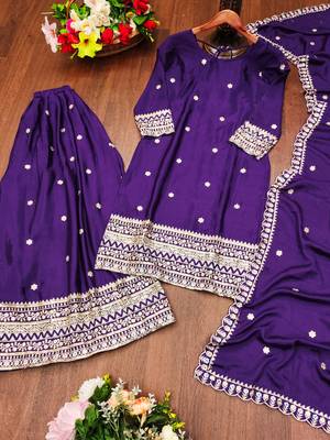 Purple designer chinon sequins embroidered work readymade suit 3