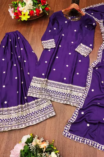 Purple designer chinon sequins embroidered work readymade suit