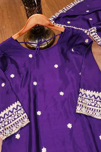 Purple designer chinon sequins embroidered work readymade suit