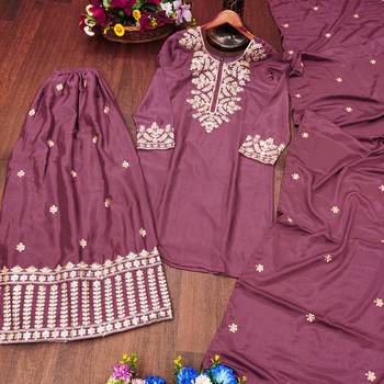 Mauve designer chinon sequins embroidered work readymade suit 3
