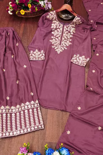 Mauve designer chinon sequins embroidered work readymade suit
