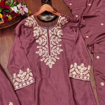 Mauve designer chinon sequins embroidered work readymade suit 4