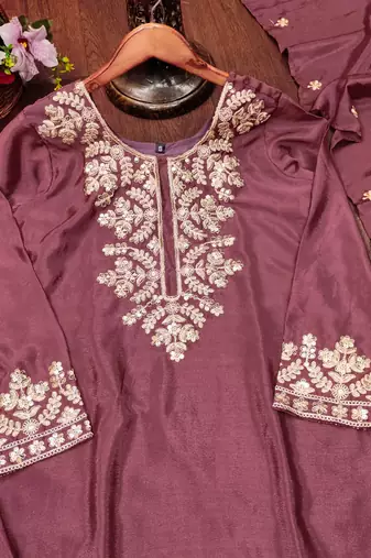 Mauve designer chinon sequins embroidered work readymade suit