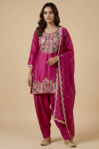 Rani pink designer chinon sequins embroidered work readymade suit