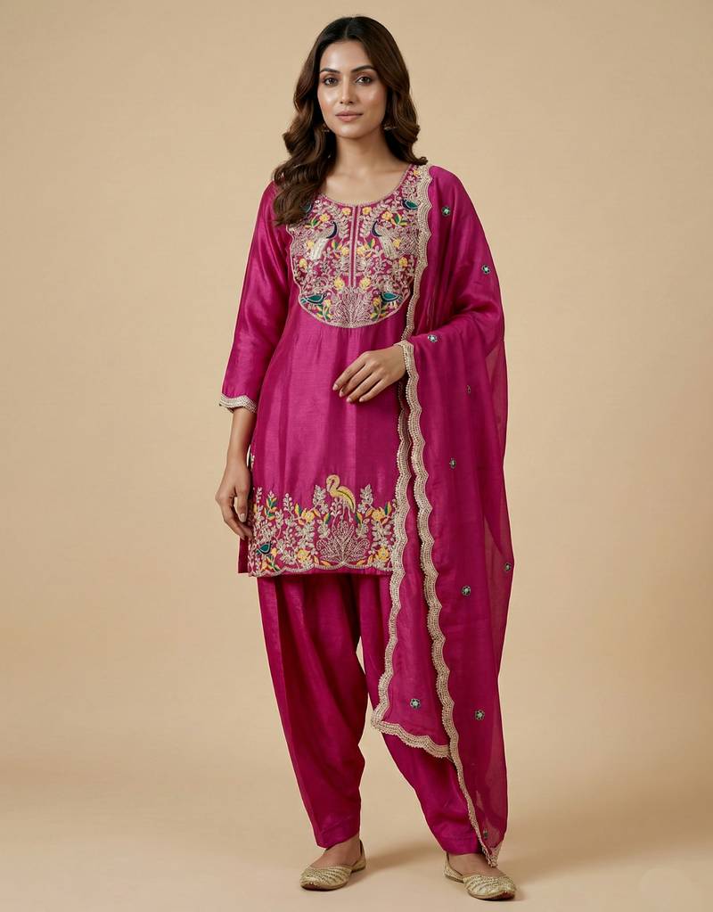 Rani pink designer chinon sequins embroidered work readymade suit