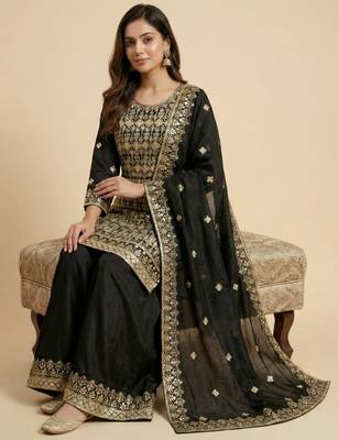 Black designer chinon sequins embroidered work readymade suit 2