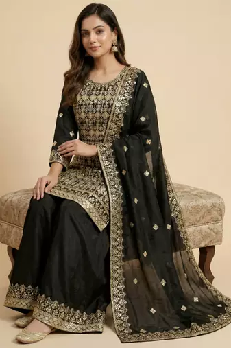 Black designer chinon sequins embroidered work readymade suit