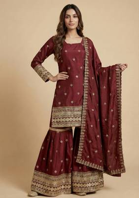 Maroon designer chinon sequins embroidered work readymade suit 2