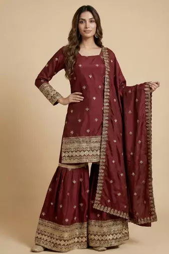 Maroon designer chinon sequins embroidered work readymade suit
